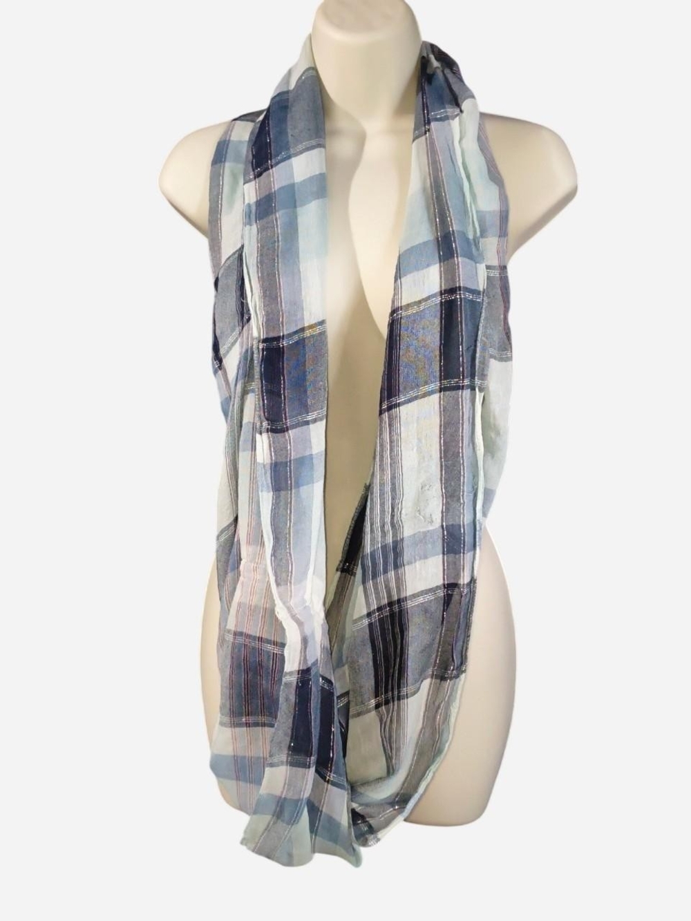 Blue Plaid Infinity Scarf - Lightweight Women's Wrap